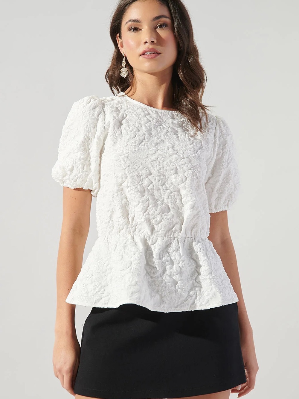 Sugarlips White Textured Floral Puff Sleeve Peplum Blouse Top NWT